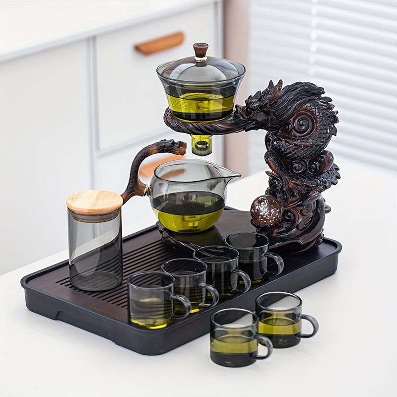 TEMU 1 Set Of Creative Dragon Glass Automatic Tea Set, Lazy Tea Set, Semi-automatic Glass Teapot, Magnetic Water Teapot, With 6 Tea Cups, Tea Tray,