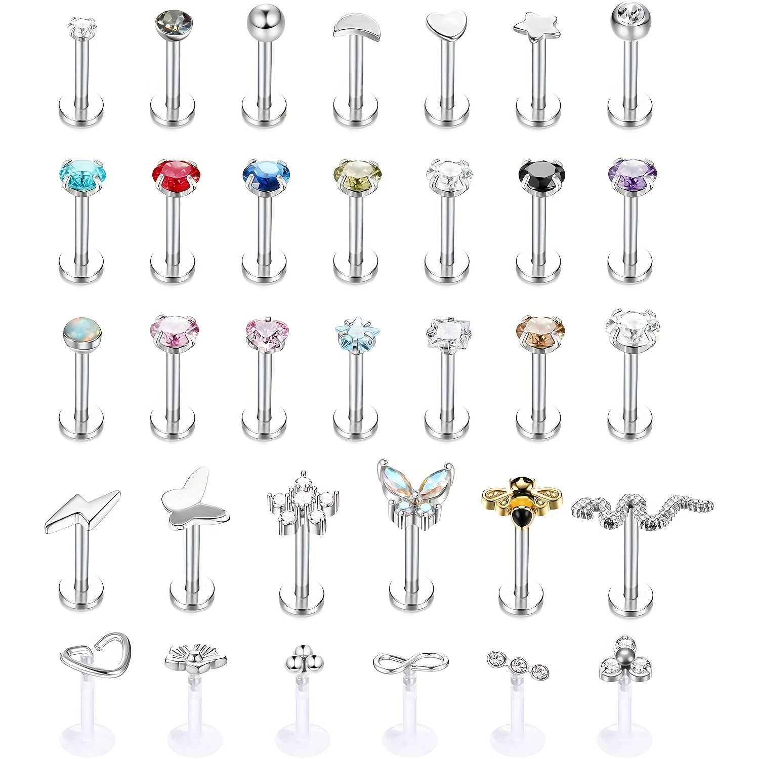 

33pcs Piercing Jewelry Set, 316l Steel Monroe Lip , Women's & Labret , Bee Snake Tragus , & Synthetic Zirconia, For & Parties,