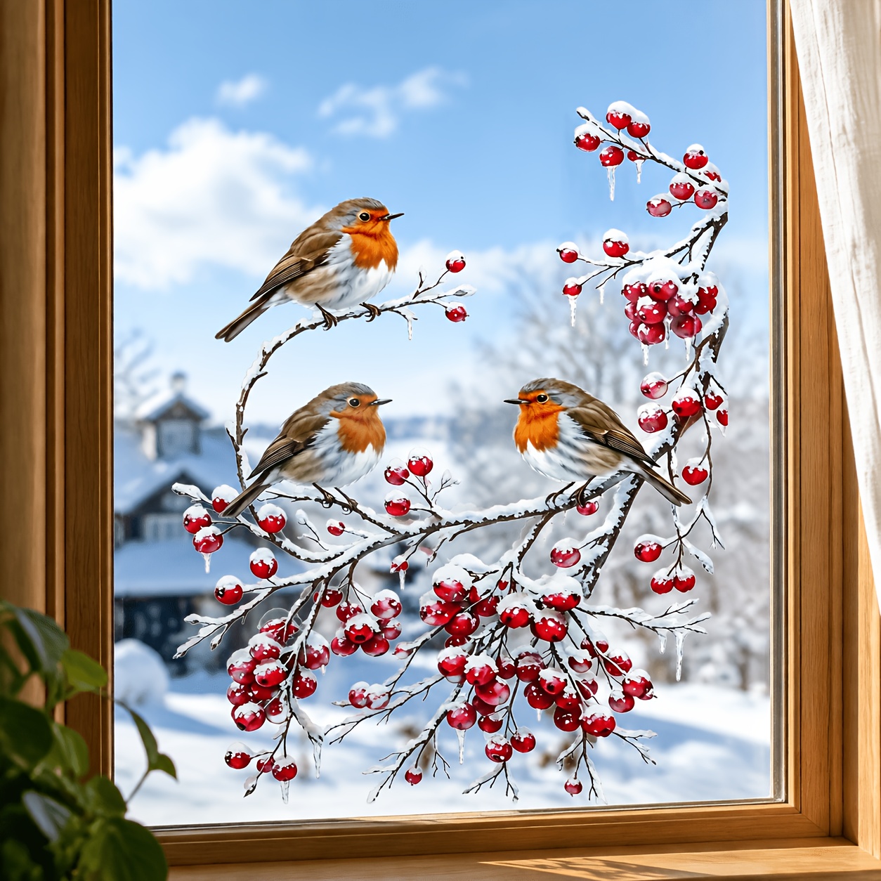 TEMU 1pc Winter Robin Window Cling, 3pcs Cute Little Birds On Snow-covered Berry Branch Christmas Glass Sticker, Adhesive-free Static Adsorption