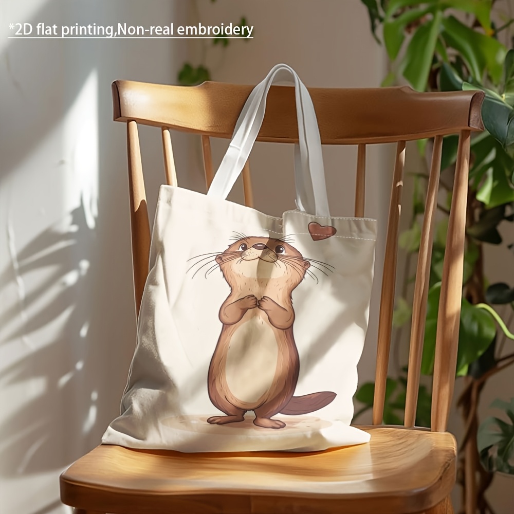 E-shop 1 Stück & Unisex Niedliche Otter-Tragetasche - & Weißes Otter-Design mit Herz-Akzent, Langlebige Canvas & Polyester-Futter, Geräumige Freizeit-,