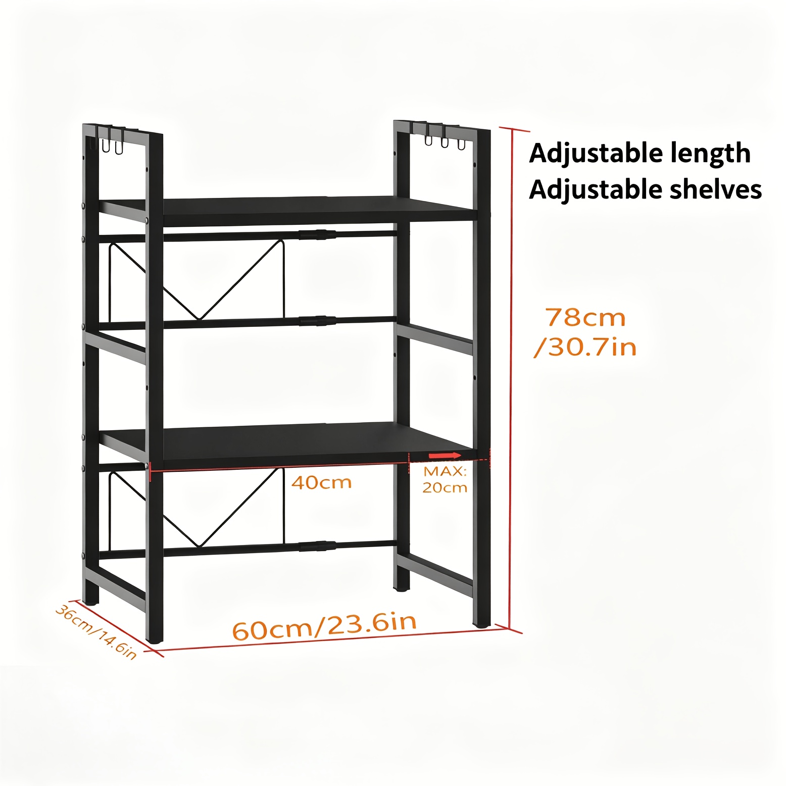 Adjustable Length Telescopic Microwave Stand 2-tier Shelf Height Adjustable, 40kg Capacity, 6 Hooks, Kitchen Storage Rack, Waterproof And Rust Resistant, Baking Stand, Sturdy And