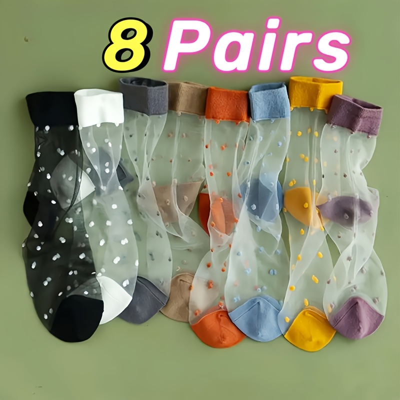 TEMU 8 Pairs Women's Ankle Socks - Ultra-thin Breathable Crystal Mesh With Polka , Moisture-wicking & Contrast Color Elastic Cuffs, 95% Polyester 5%