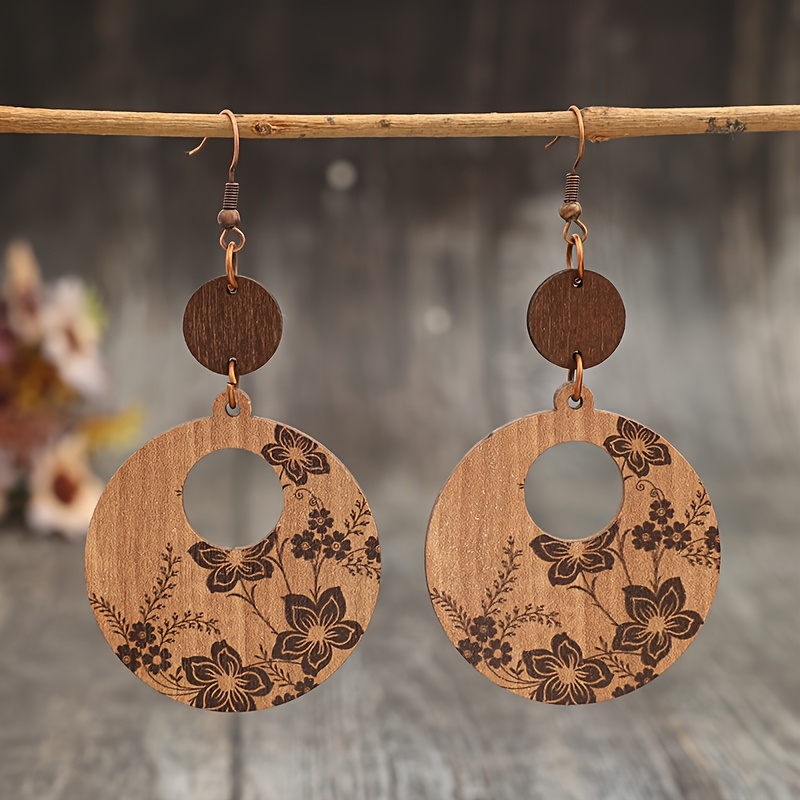 New Bohemian Hollow Round Disc Printed Wooden Earrings From Cross-border Europe And America, Without Battery