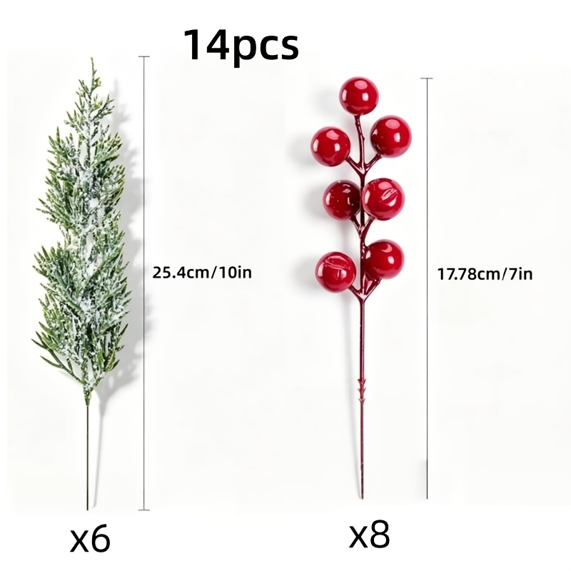 TEMU 14 branches de pin blanc artificiel avec rouges, plantes décoratives artificielles entretien pour floral de Noël, décoration de chambre à