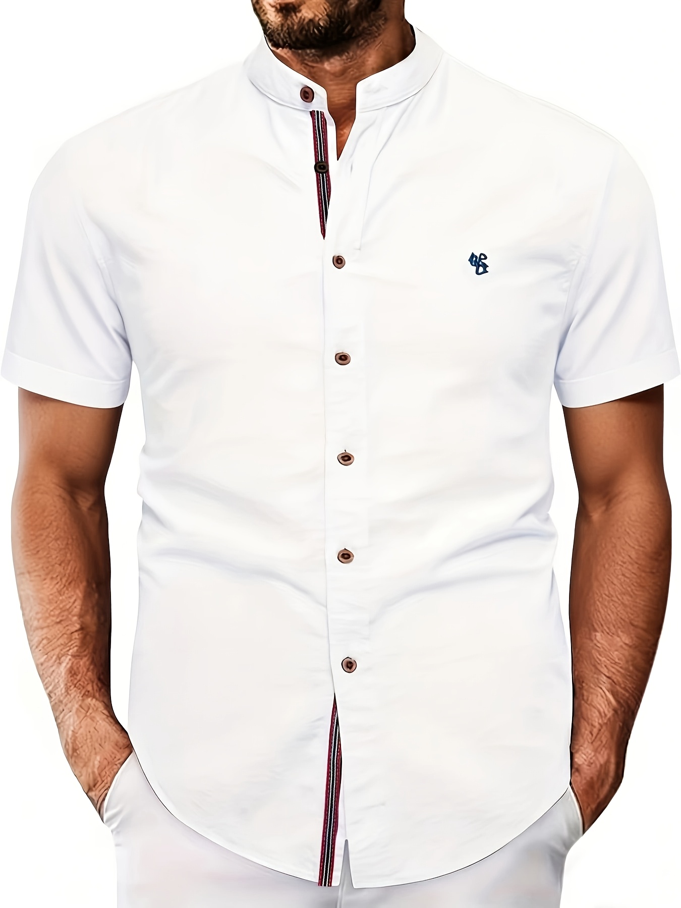 White Color Men’S Stand-Up Collar Short Sleeve Shirt, High-Quality Solid Color Business Casual Top, Suitable for Spring Summer