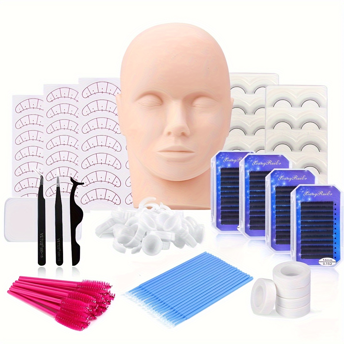  Kits de práctica de extensión de pestañas, 18 piezas,  extensiones de pestañas para entrenamiento de cabeza de maniquí,  suministros de esteticista con pestañas de ojos, pinzas de pegamento,  juegos de herramientas