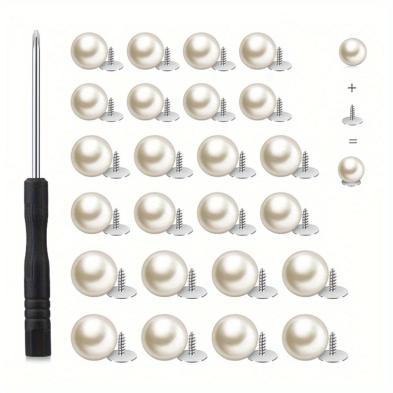 

24 Sets White Pearl No-sew Buttons, Assorted Sizes 8/10/12mm, Plastic Brooch Buttons For Diy Crafts, Clothing, Dress, Shirt, Cardigan Decorations - Reusable & Adjustable Fasteners With Screwdriver