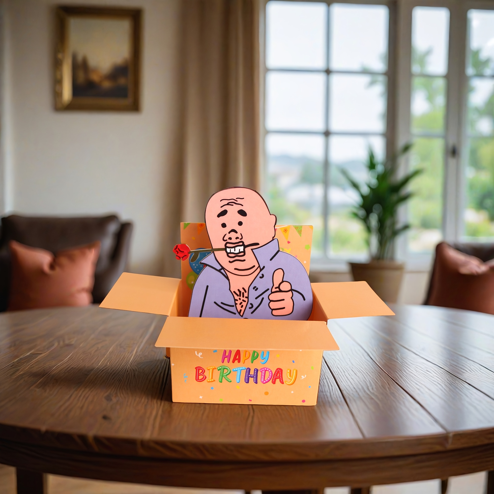 E-shop Eine humorvolle Pop-Up-Geburtstagskarte mit Notizkarte und Umschlag, zum Einladen zur Geburtstagsfeier, mit einem lustigen Onkel, der eine Blume