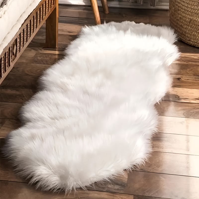 luxurious white long haired   sheepskin mat plush soft and stain resistant bedroom floor mat machine washable high pile irregular shape polyester acrylic blend indoor mat   highpile texture rugs for bedroom details 0