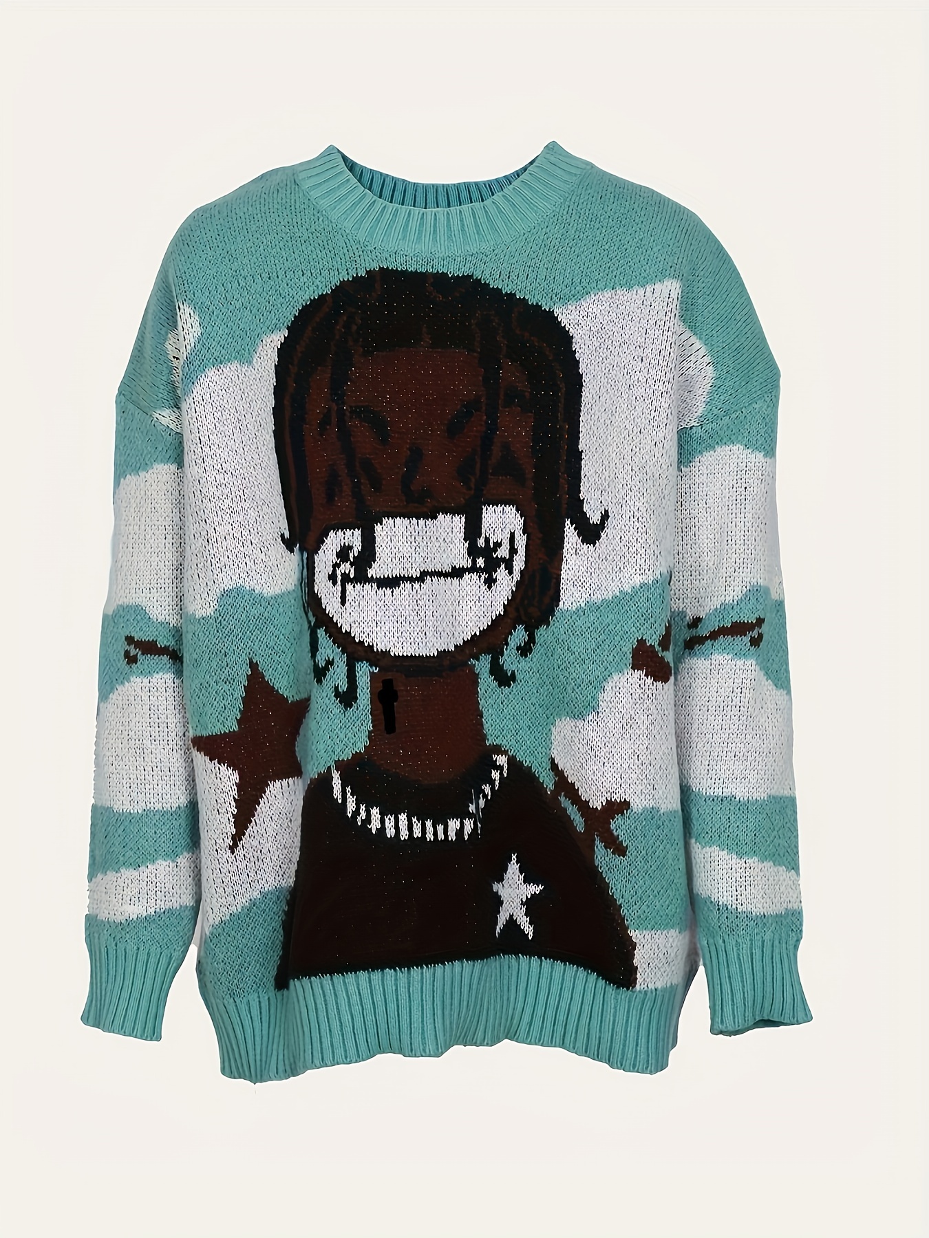 Cartoon Figure Print Knitted Sweater Casual Crew Neck Long - Temu