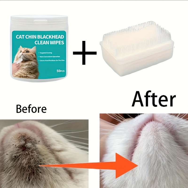 Image of 2pcs Cat Chin Acne Treatment Kit - Pet Cat Chin Care Set, Deep Cleaning Wipes & Exfoliating Brush For Cat Blackheads, Cat Gentle Blackhead Removal Wipes
