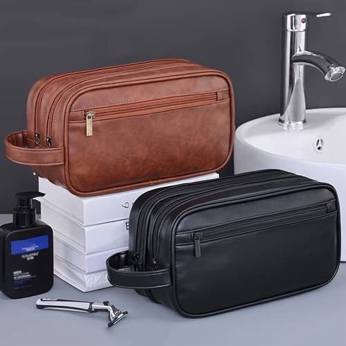 stylish unisex toiletry bag portable wash organizer with zipper closure deep brown use toiletry travel bag