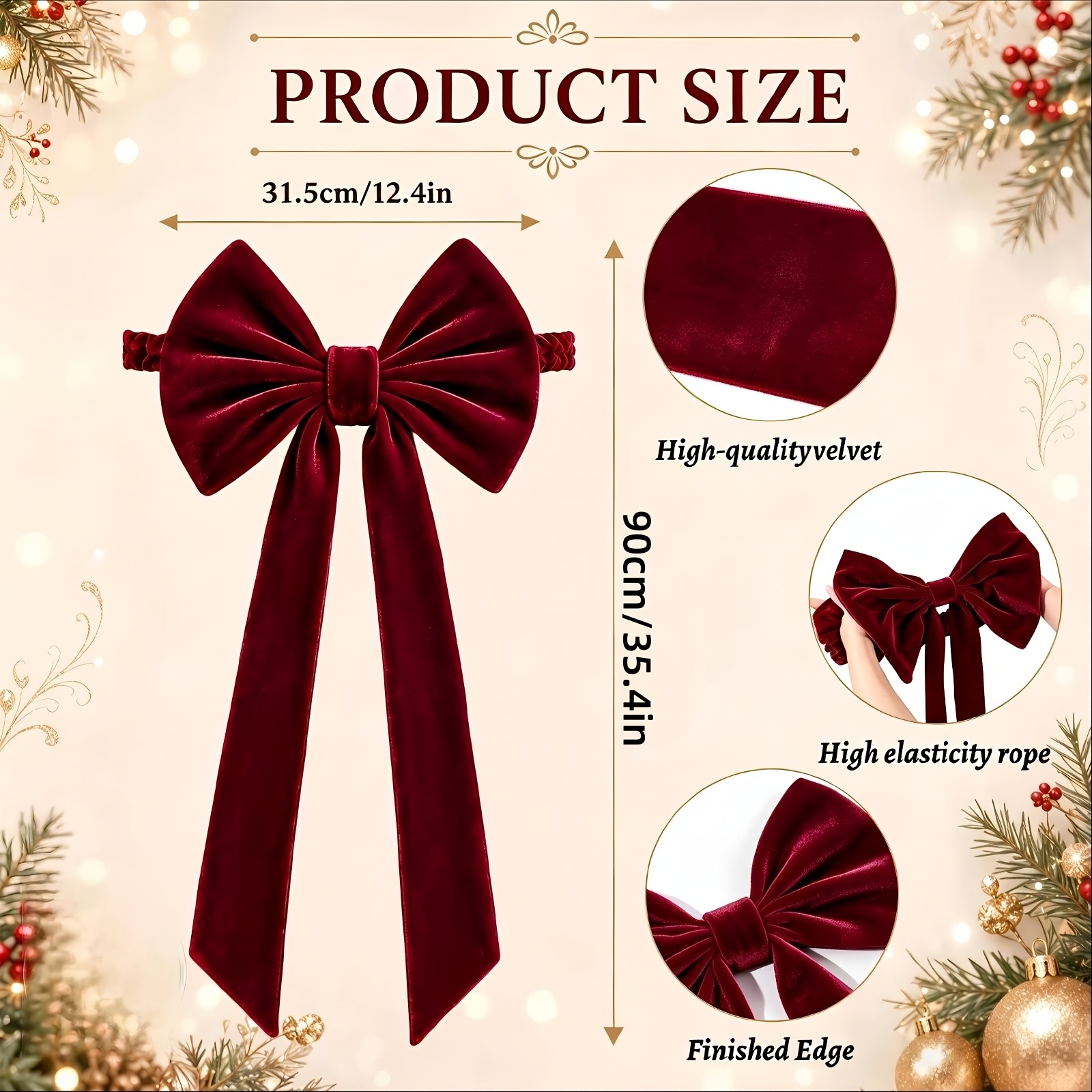 TEMU Christmas Chair Sashes Covers Bows Velvet Elastic Chair Home Decor 12 X 35 Inches Large Burgundy And Pink And Green Reusable For Xmas Universal