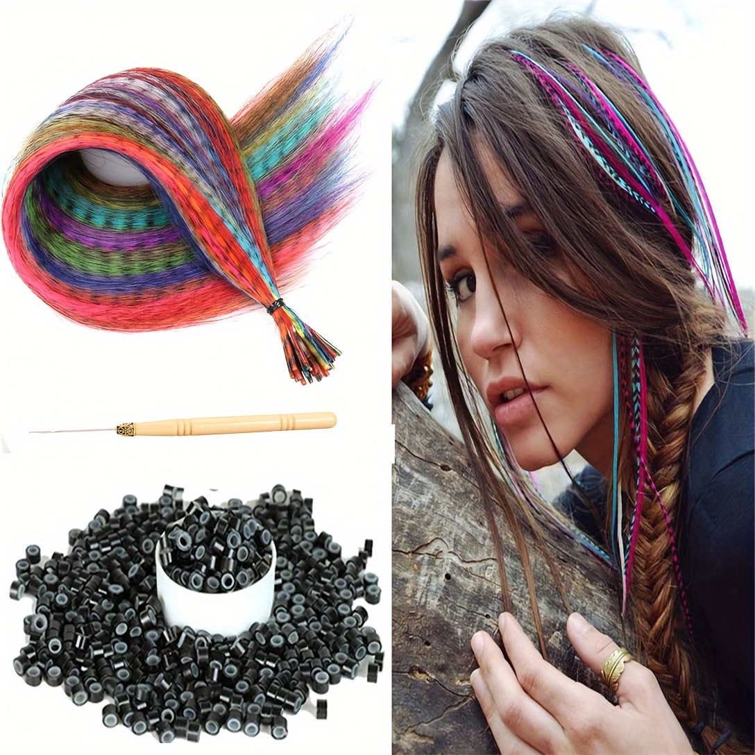 

40pcs/set 13 Colors Mixed Colors Feather Hair Extensions For Party Use With 1pc Crochet & 50pcs Hair Extension Rings Dress Up Hair Extensions For Women Christmas