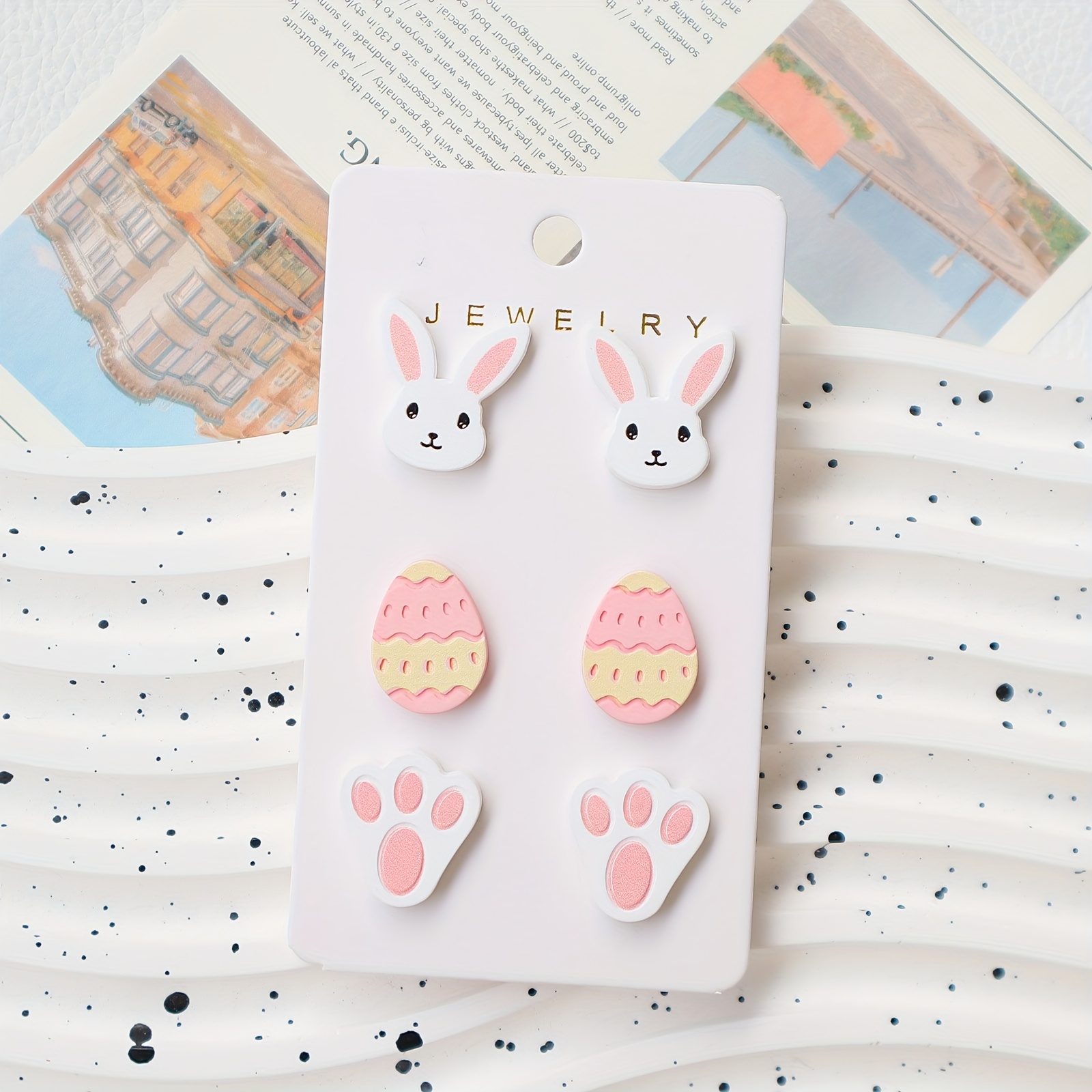 

A Set Of Pairs Of Easter Acrylic Soft Clay Stud Earrings Featuring Cute Rabbits And Eggs, Holiday Gifts And Party Accessories.