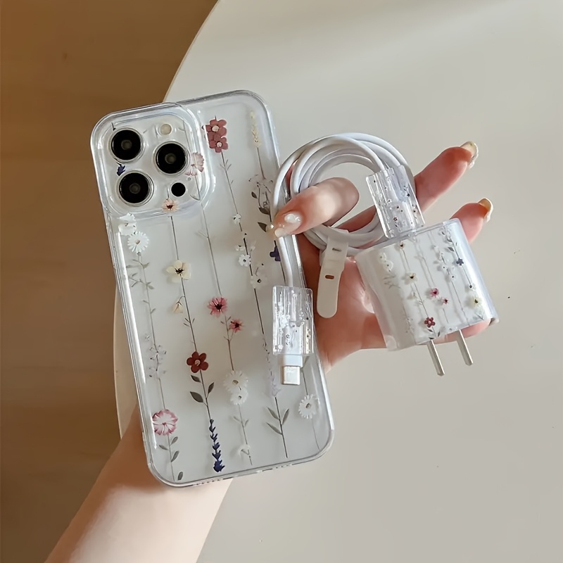 5pcs Set: 1 Transparent Phone Case with Colorful Flower Design + 1 Charger Protector + 2 Cable Protectors + 1 White Soft Silicone Cable Ties Suitable for iPhone 16/16 Pro/16 Pro Max/16 Plus/11/11 Pro/11 Pro Max/12/12 Pro/12 Pro Max/12 Mini/13/13 Pro/13 Pro Max/13 Mini/14/14 Pro/14 Plus/14 Pro Max/15/15 Pro/15 Pro Max Protective