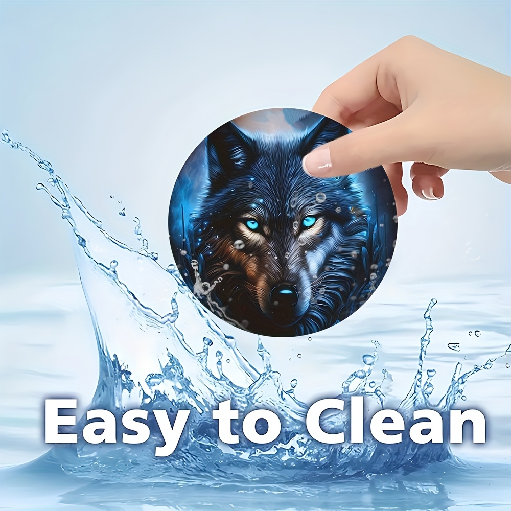 2pcs of Blue Flame Wolf King Patterned Absorbent Car Cup Holders And Coasters