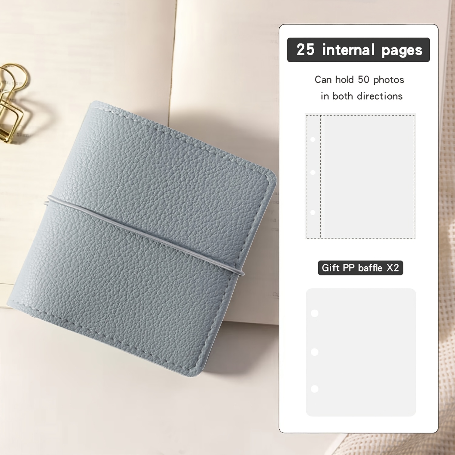 TEMU Mini Instant Camera Soft Faux Leather Pocket Photo Album, 25 Sheets 50 Pages Mini Album Loose-leaf Refillable 3-ring Transparent Photo Card