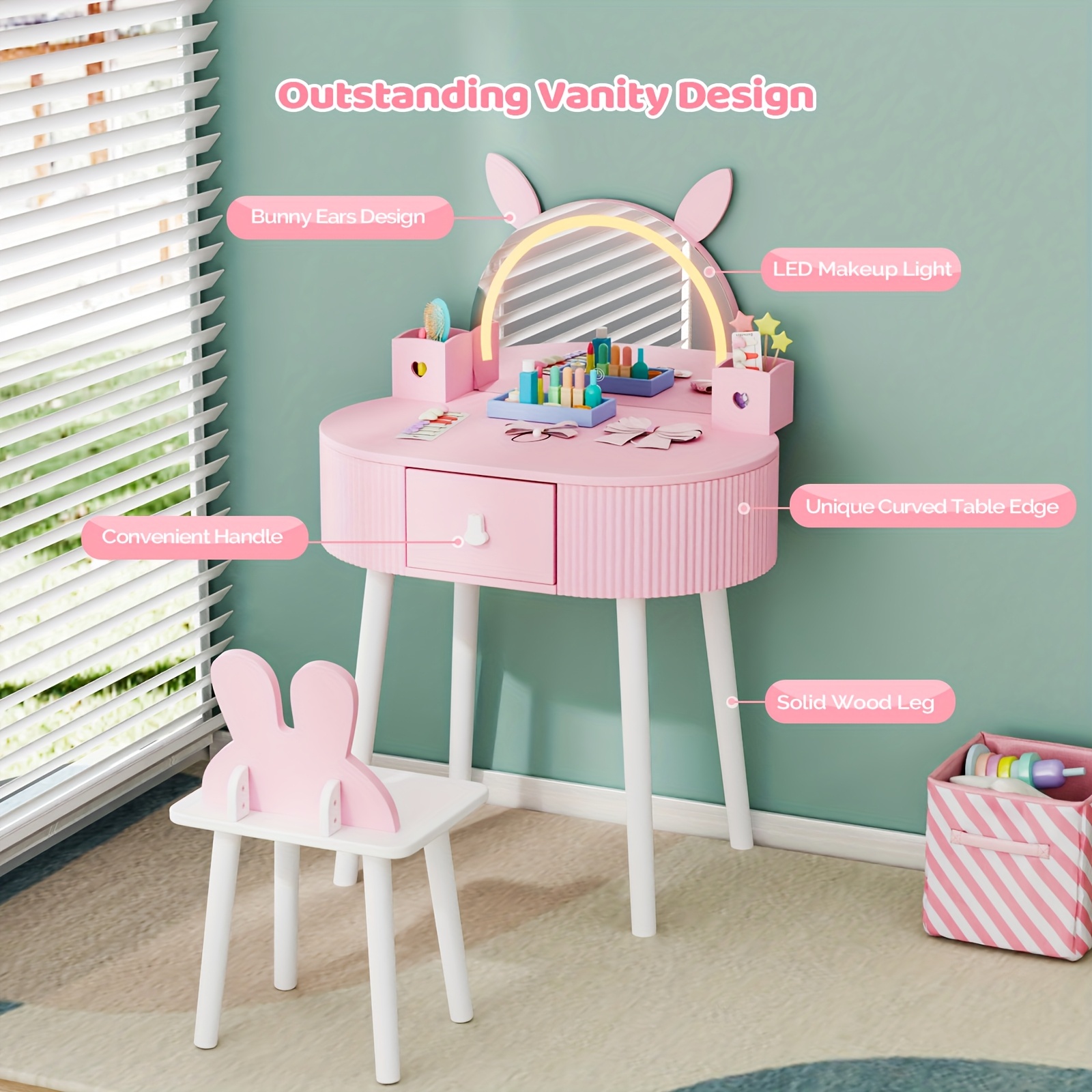 JOYMOR Kids Vanity Set with LED Lights, Girls Vanity Set, with Touch Screen, 3 Colors Adjustment, Solid Wood Leg, Large Drawer, 2 Storage Boxes, Kids Vanity Table and Chair Set, Birthday/Festival Gift for Girls, Animal Style