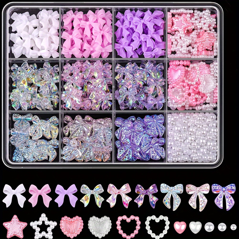 500pcs Bow Nail Art Decorations Half Round Pearl Set 11 Colors Cute Shiny Bow Charms Nail Jewelry And 2-4 Half Round Pearls For Nail Art Decoration