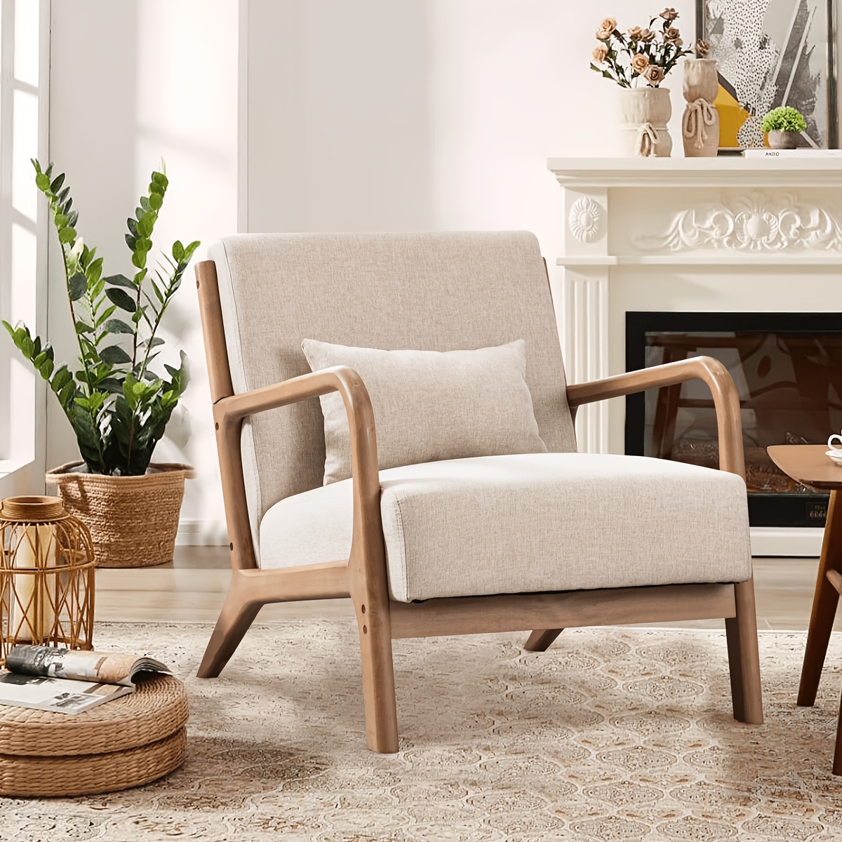 Mid-Century Modern Upholstered Accent Chair with Solid Wood Frame & Extra Pillow, Linen Lounge Reading Armchair for Game & Recreation Room Furniture