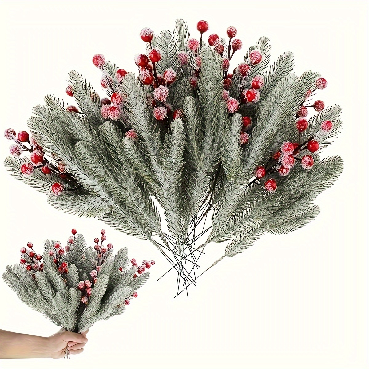 

30pcs Faux & Berry Pine Branch Set - Diy Christmas Wreaths, Gift Boxes, Tree Decorations, Table Settings, Wedding Parties & Holiday Decor