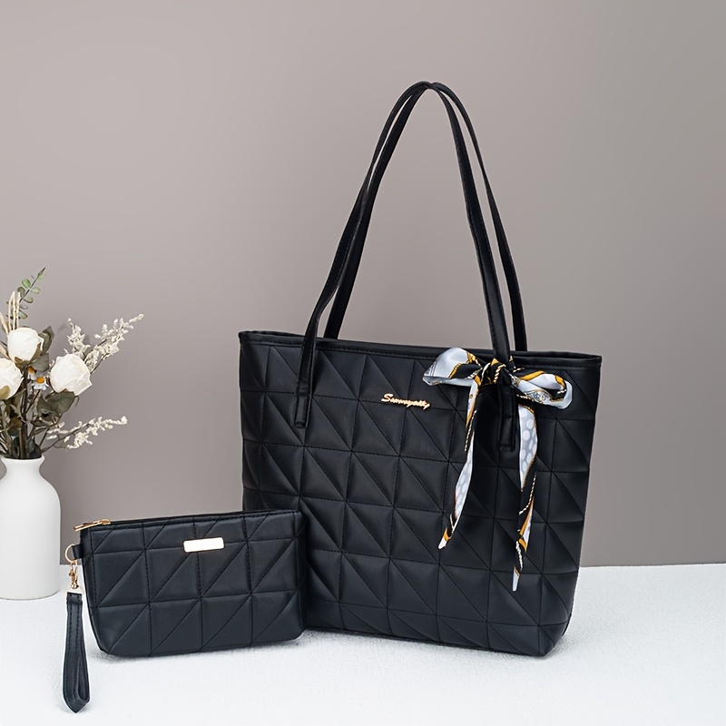 Image of 2pcs Women's Diagonal Triangle Quilted Bags With High-quality Texture, Large Capacity Casual And Versatile Handbags With Coin Purse, Perfect For Travel And Outdoor Activities