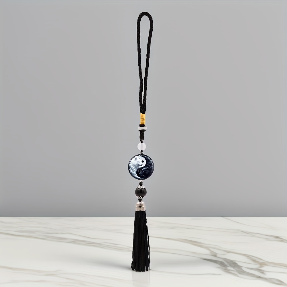 Image of Glass Tai Chi Wolf & Yin-yang Round Pendant Keychain With Tassels - Car Mirror Charm, Bag Accessories, Wall Decor - Unique Gift For (18+)