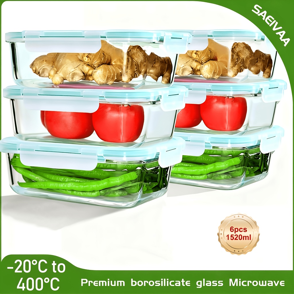 Image of Saeiv 4pcs/6pcs Glass Lunch Box Set, Meal Prep Containers, Glass Storage Containers With Airtight Lids, Glass Bento Box, Microwaveable, Kitchen Food Storage Containers.