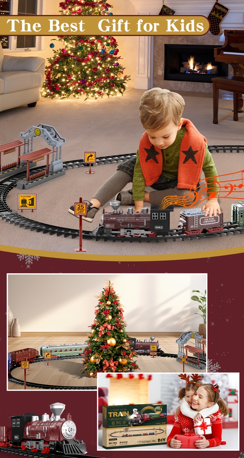 Electric Train Set Suitable For Children, Boys And Girls, Classic Christmas Train Toys, Steam Locomotive Engines, Lights And Sounds, Tracks, Birthday Toys