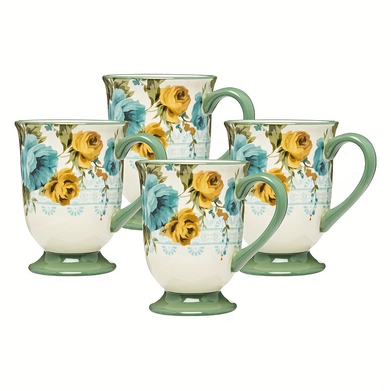 

4-piece 18-ounce Stoneware Latte Mug Set - Blue And Yellow Floral Designs -