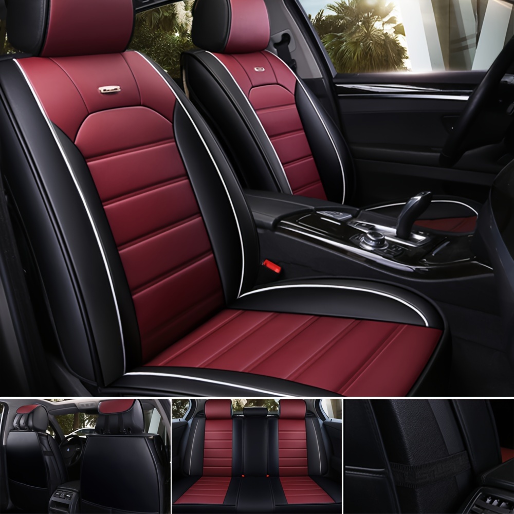 

5 Seat Car Seat Cover Full Set Pu Luxury Leather Waterproof Front Rear Split Bench Back Cover Full Coverage Cushion Protector Interior Covers Universal Fit Cars Trucks And Suvs Black/red