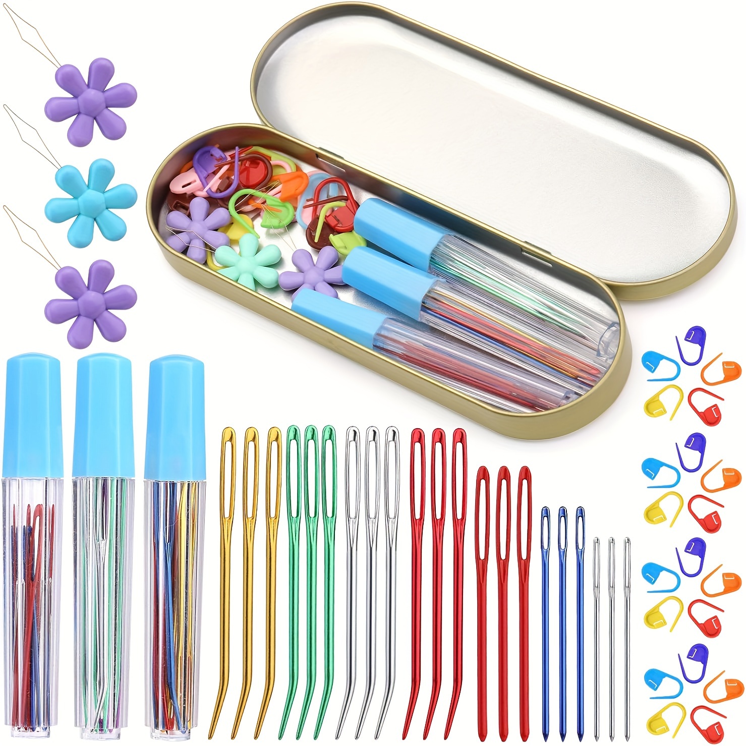 

48pcs Assorted Yarn Needle Bent Tapestry Needles, Darning Needle Weaving Needles, 3 Sizes Big Eye Blunt Knitting Needles With 20 Stitch Markers, Storage Box, Needle Threader For Knitting Crochet