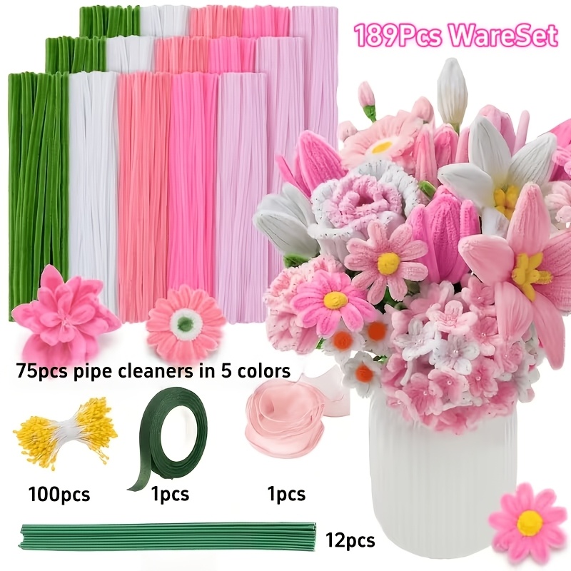 TEMU A Total Of 189pcs Of Lily Twisted Bar Bouquet Set, Including 75 Tube Cleaning Sticks, 100 Flower Cores, 12 Flower Sticks, 1 Roll Of Tape, And 1