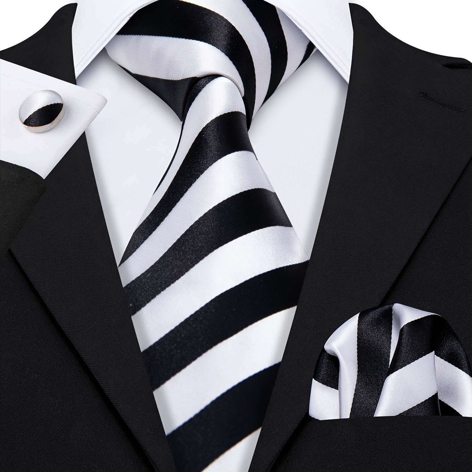 

Lineziseid Silk Classic Stripped Tie Set Mens Black White Necktie Pocket Square Cufflinks