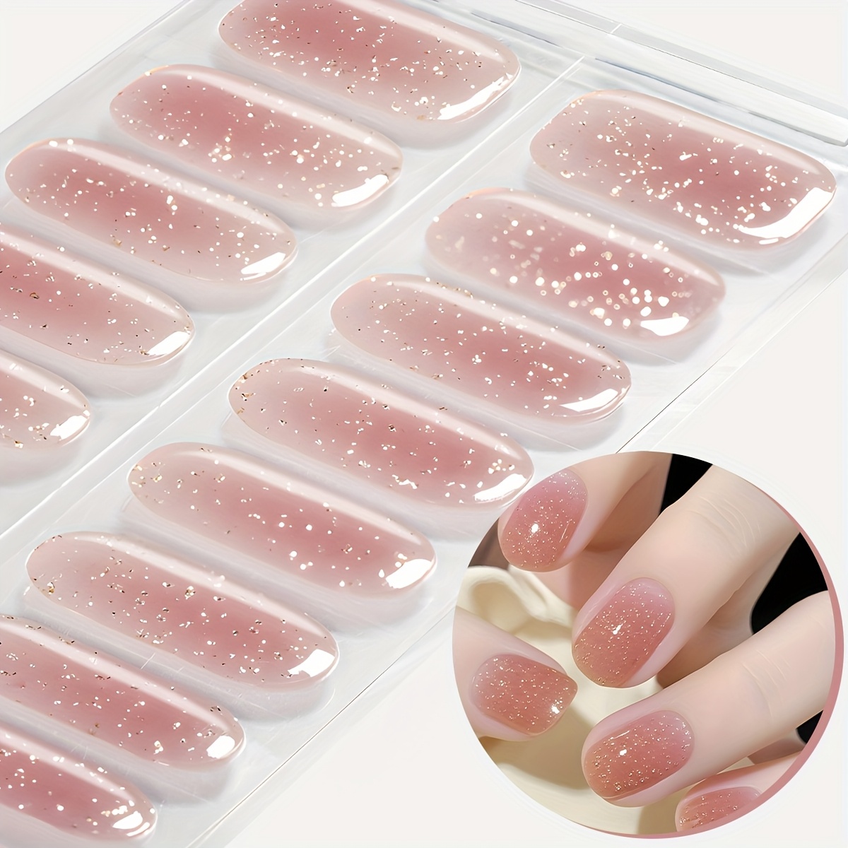 16pcs Semi-cured Gel Nail Strips, Pink Glitter Gradient Self-adhesive Full Nail Wrap, Easy Manicure, , Nail Stickers For Ladies Home
