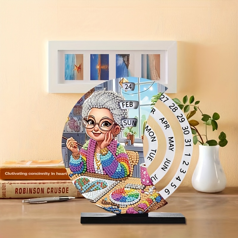 TEMU Diy Diamond Painting Rotating Calendar Kit - Women's Painting Design Special Shape Diamond Crafts, Rotating Sun Moon Week And Reusable Calendar,