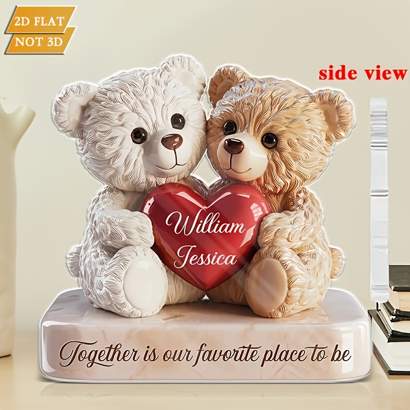TEMU 2d Flat, Personalized Custom Couple's Bear Plaque - Name/date/text Engravable Suitable For , Anniversary Gift, Valentine's Day, Contemporary