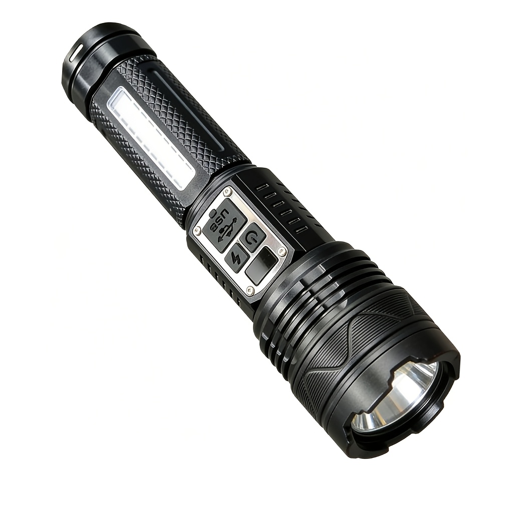 TEMU Linterna recargable de lumen, luz lateral COB de 7 con estroboscopio, pantalla digital LCD, linterna táctica ajustable, potencia, adecuada para