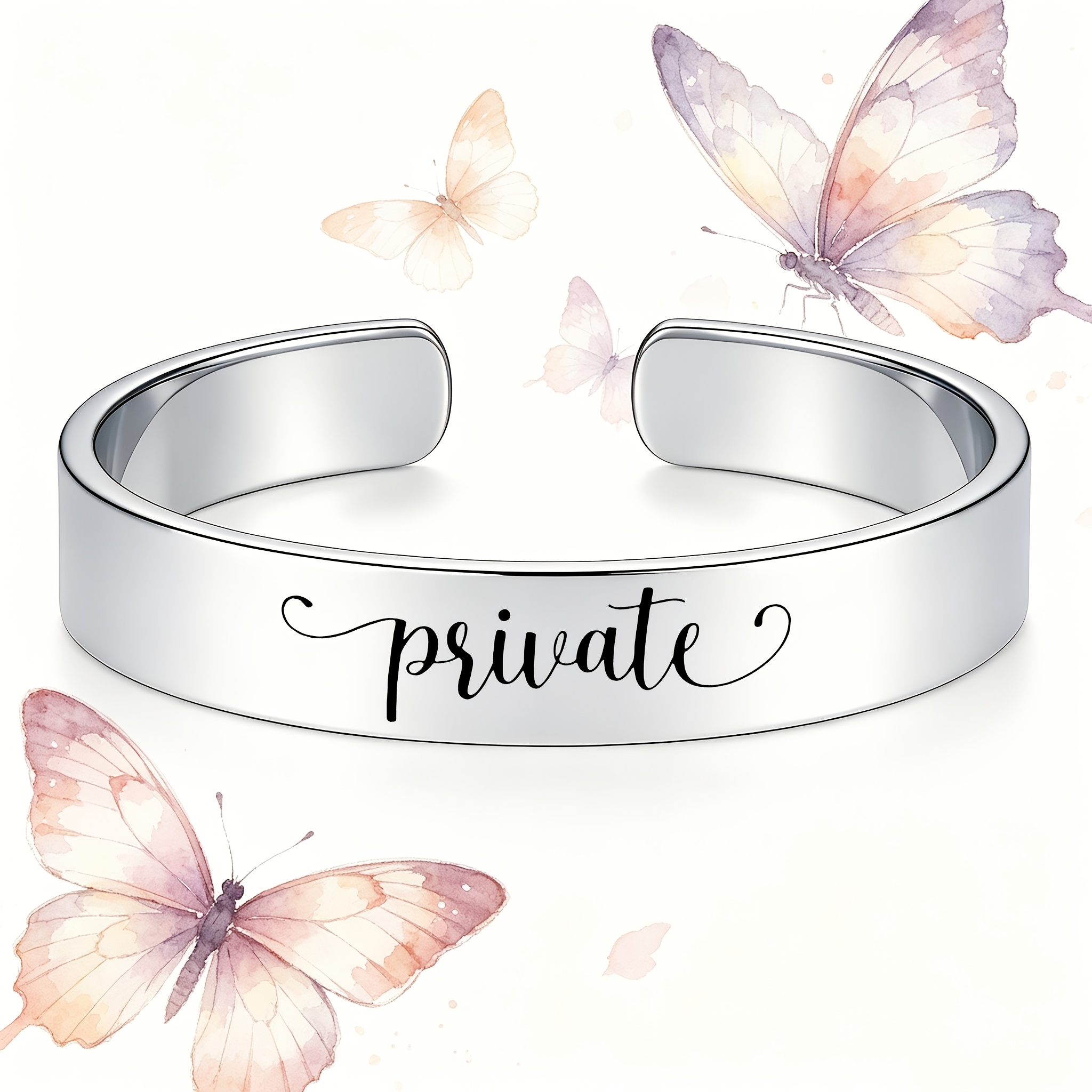 Elegant Cursive "Private" Design Open Bangle Bracelet