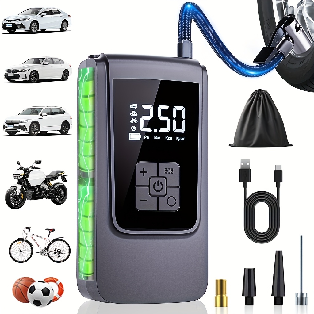 TEMU Mini Car Wireless Inflator, Faster Inflation, Usb Rechargeable Lithium Battery, Handheld Cordless Air Pump, Air Compressor With Digital Display,