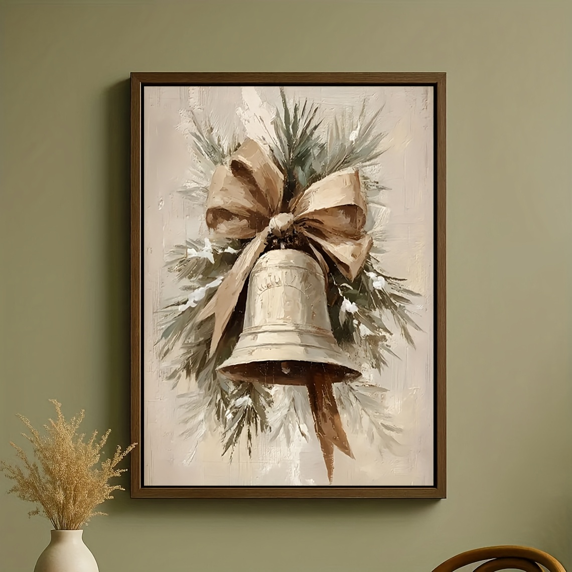 TEMU 2d Flat, 2d Flat, 2d Flat 1pc, No Frame - Rustic Christmas Bell Wall Art Holiday Decoration Neutral Winter Artwork Vintage Style Holiday Bells -