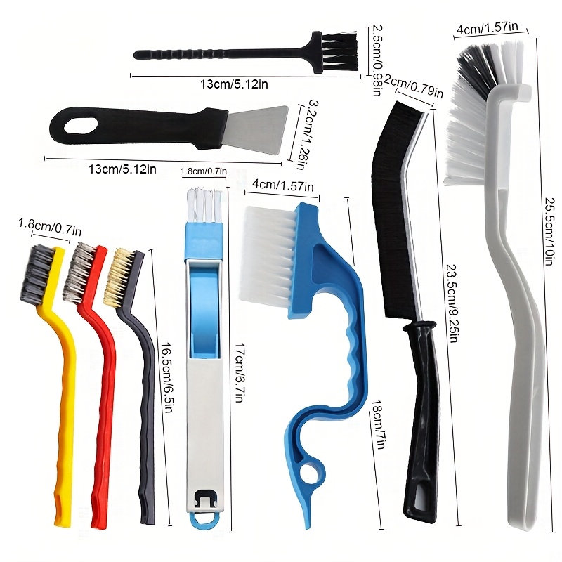 Un juego de 15 cepillos de limpieza, que incluye un cepillo para ranuras de puertas de refrigerador, un cepillo para tazas, un cepillo para limpiar la suciedad, un cepillo para limpiar teclados y un pequeño raspador. Adecuado para limpiar estufas de gas de cocina, tazas de té, batidores y ranuras de ventanas.
