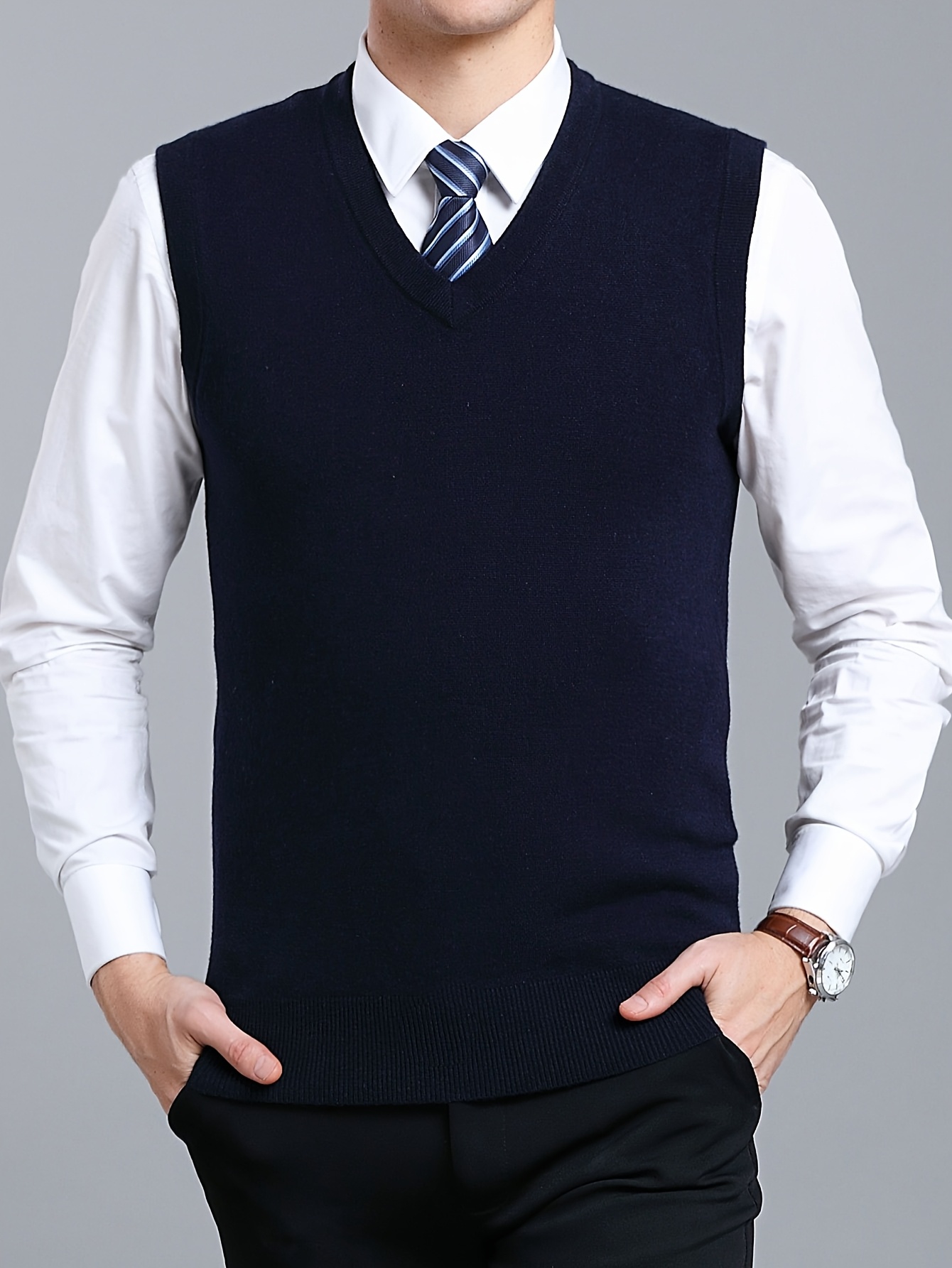 Elegant Men's Stretch Wool Vest, Casual Vintage-style V-neck Sweater Vest, Suitable for Autumn and Winter Cold Protection and Warmth, Fashionable Casual Sleeveless V-neck Pullover Sweater, Men's Clothing