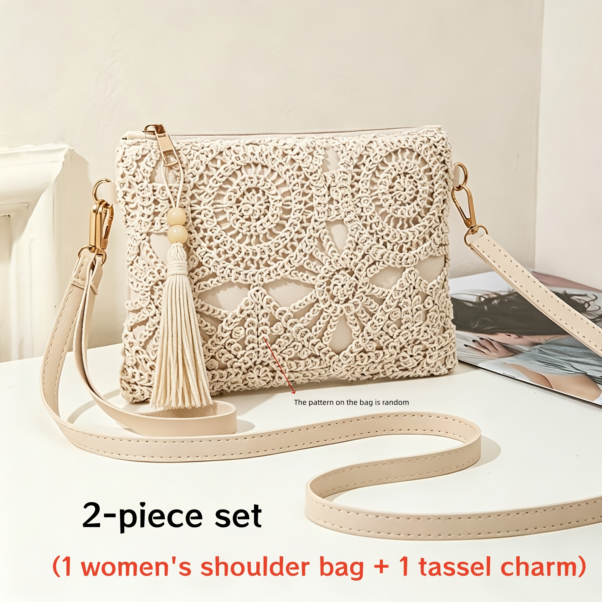 TEMU Ensemble de 2 pièces (1 sac à dos pour femme, 1 ornement à pompons) Sacoche pour femme beige de couleur unie, sac carré, sac pour femme et