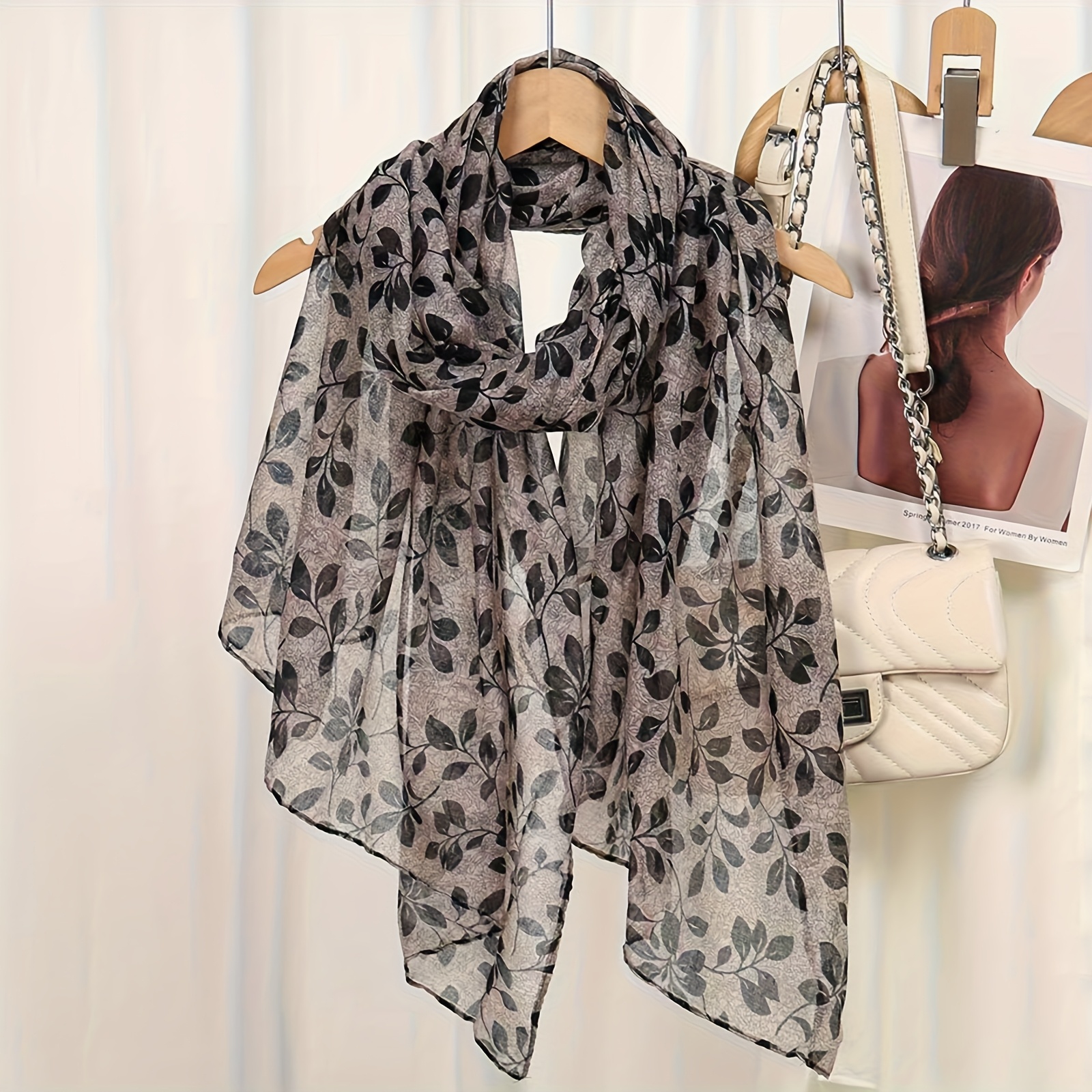 TEMU Écharpe Longue Douce Tendance Nouveau Bali Chiffon Imprimé Feuille Châle Éthnique Automne Hiver Fabricant Écharpe Vintage Fine Longue Écharpe de