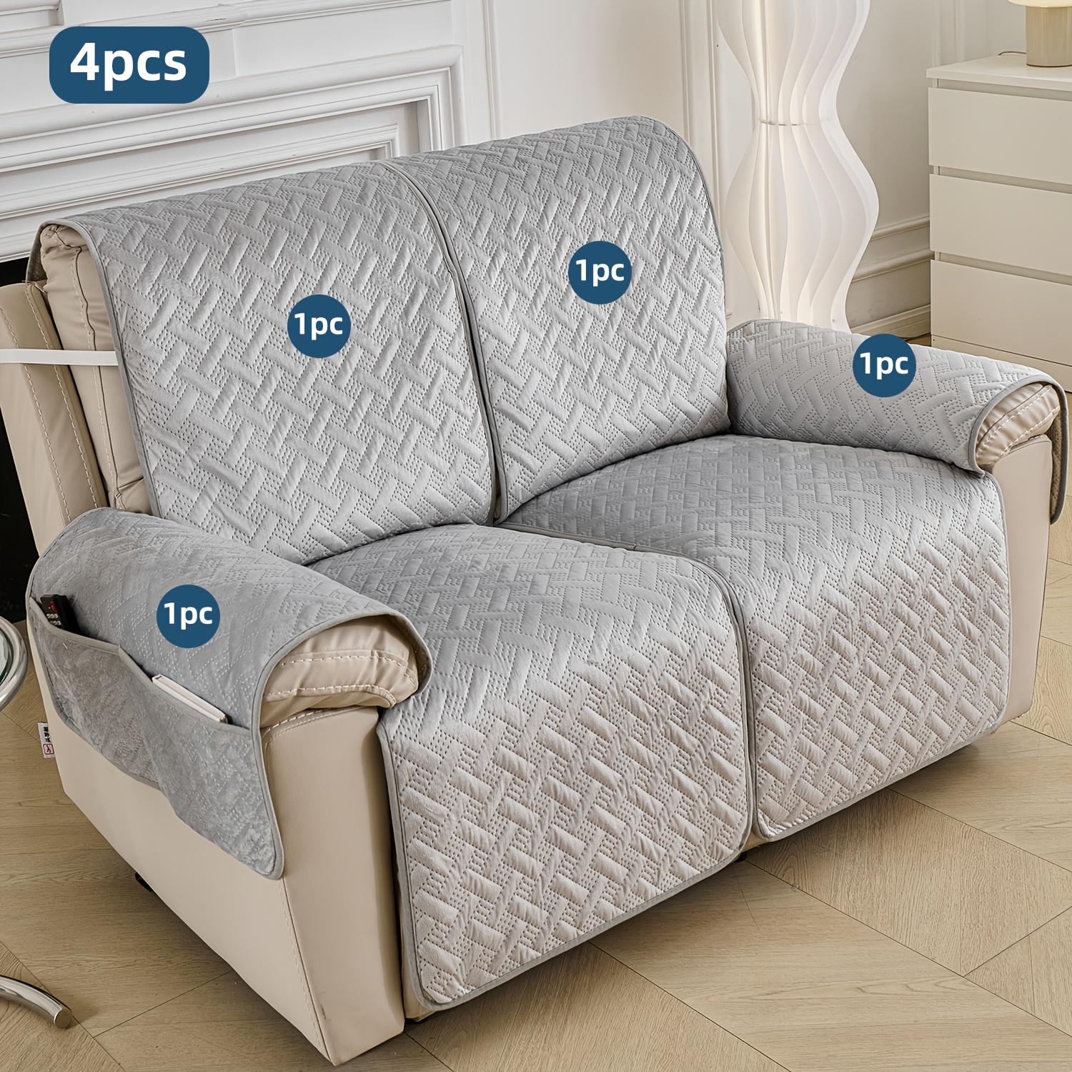 TEMU 3pcs/4pcs/5pcs Technology Embossed Sofa Cover With Armrest & Side Pocket Suitable For Single/double/triple Sofa, Modern Stretch Elastic Flannel
