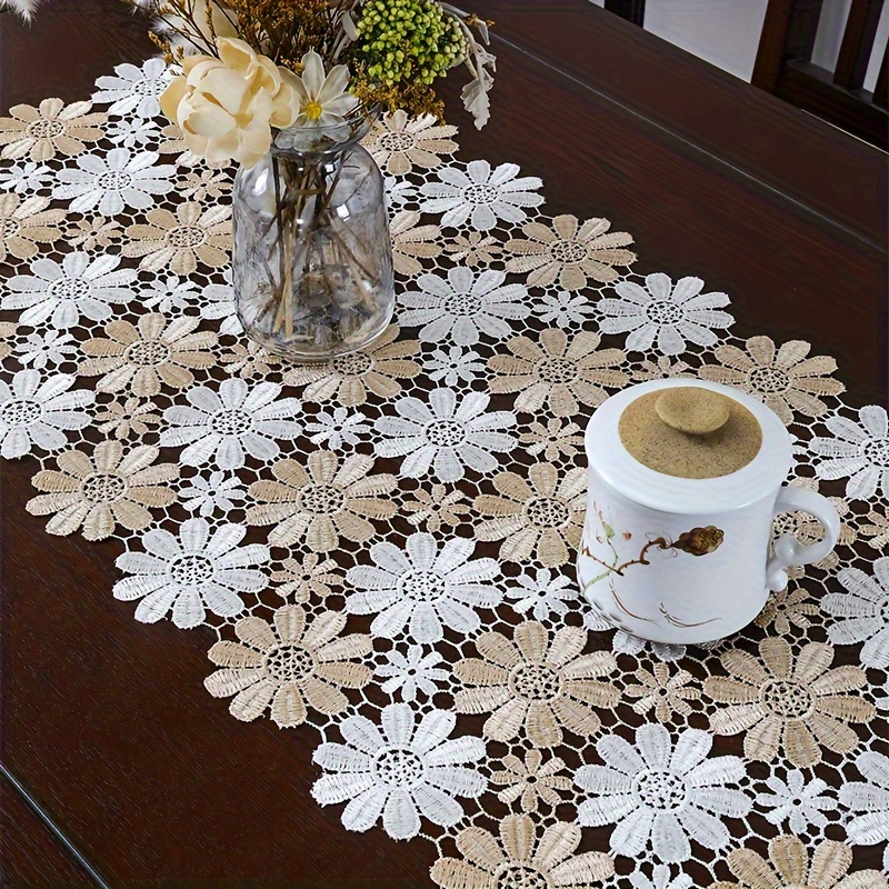 

1pc Hollow-out Dual-tone Sunflower Lace Table Runner - Elegant Rectangular Table Top Cover, Woven Polyester, Decorative Tablecloth Pad For Dining Room