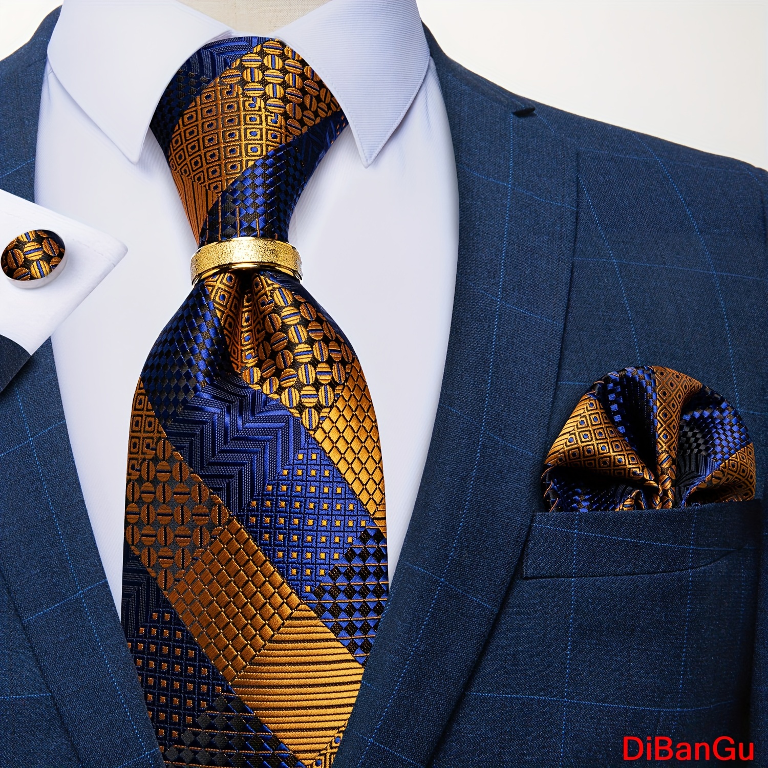 

Dibangu Men Silk Plaid & Cufflinks & Hanky & Tie Ring Set For Wedding, Father's Day Gift