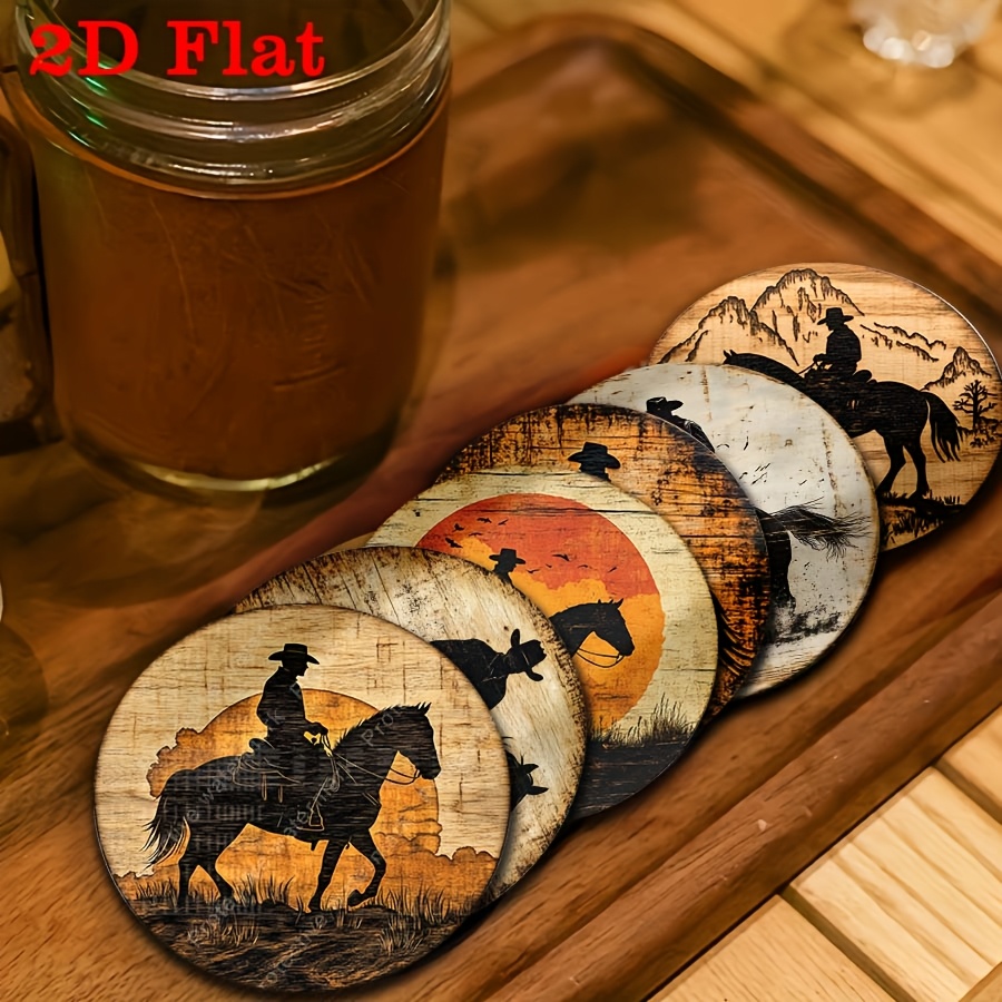 TEMU 2d Flat, 6pcs Western Cowboy Series Vintage Wooden Coaster Set, Suitable For Teacups, Coffee Cups And Beverages - Decor Gift For Housewarming Or